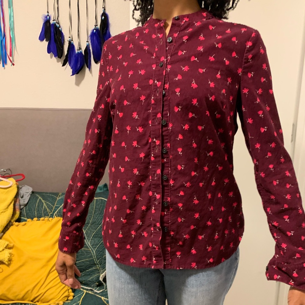 Boden Burgundy Corduroy Button-Up Shirt with Pink Floral Pattern Women’s Size 6